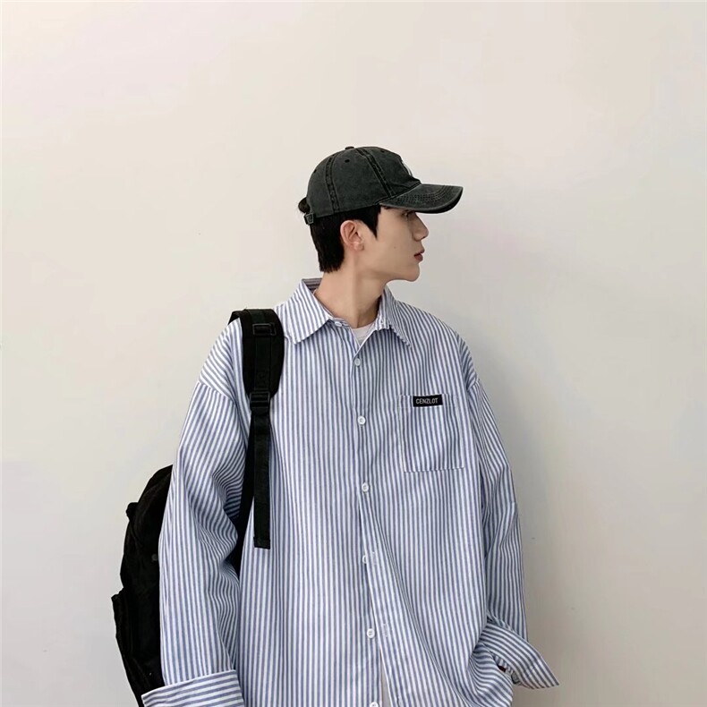 条纹衬衫男春秋内搭潮ins设计感小众休闲衬衣痞帅外套CY073-P33,男装衬衫,星座412