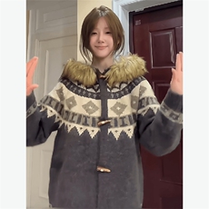 重磅北极绒座山雕大毛毛领毛衣外套冬美式复古休闲慵懒风针织开衫，男装针织衫/毛衣，电商A486
