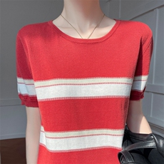 2025新款条纹t恤女春季纯棉短袖宽松韩版显瘦针织上衣短款打底衫，女装T恤，郡淞羊绒