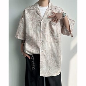 8XL-M 冰丝古着感波浪纹短袖衬衫男宽松休闲沙滩古巴领衬衣CS528图片
