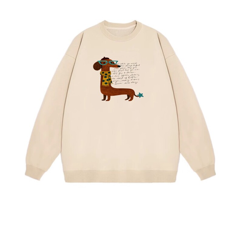 2025年秋季套头长袖时尚百搭通勤简约休闲带眼镜的腊肠狗，女装卫衣/绒衫，花可