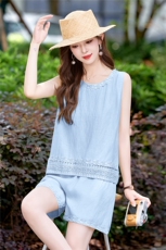 现货亚麻套装女夏新款巨好看的休闲减龄无袖短裤穿搭两件套，女装套装/套裙，韩美纤衣