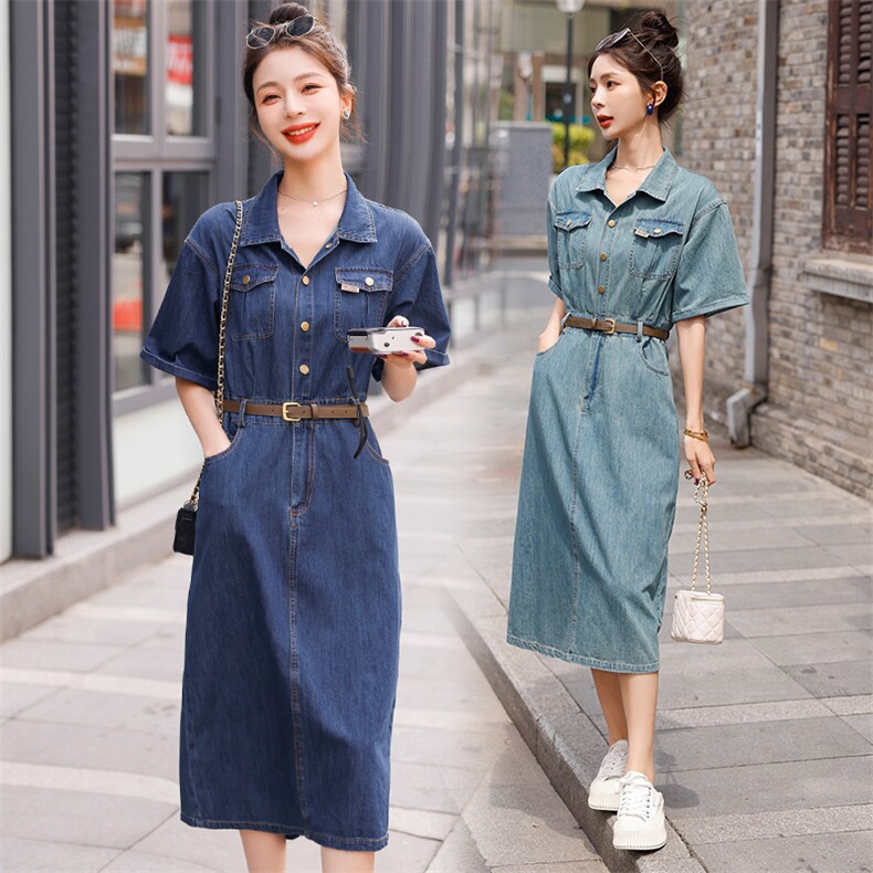 现货2023时尚牛仔连衣裙韩版配腰带时尚修身中长款，女装连衣裙，钱塘布衣