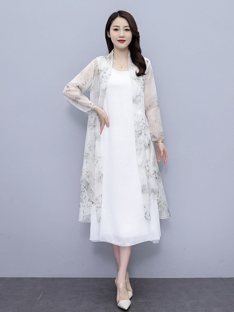 雪纺披肩外套防晒衣女民族中式风连衣裙花色开衫外披水墨画,女装连衣裙,秀美人生