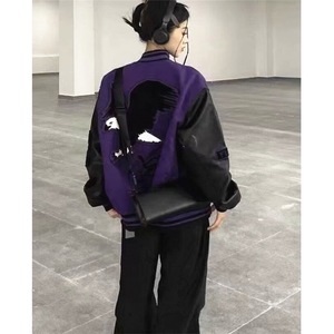 美式字母刺绣拼色棒球服外套男女宽松秋季新款高街夹克 J1009图片