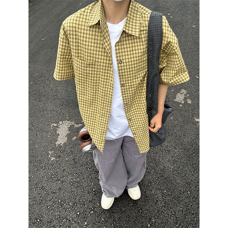 短袖衬衣男夏季新品港风宽松大码设计青年格子衬衫CS280-P35,男装T恤,星座301C-5