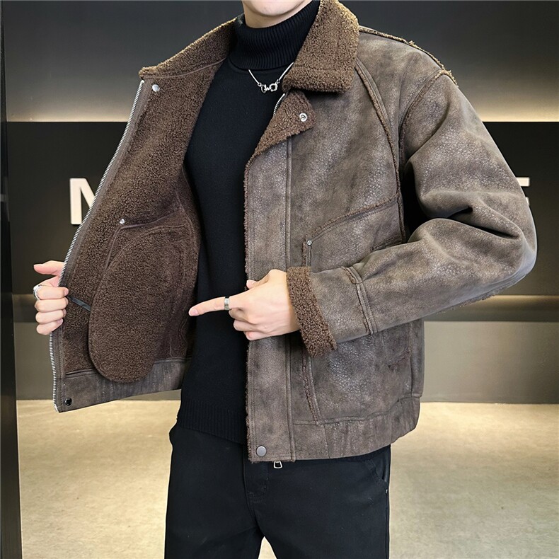 皮毛一体外套男冬季2025新款加绒加厚美式皮夹克A313-25B696-P185,男装夹克,电商A313