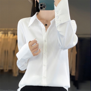 高级感醋酸缎面仿POLO领衬衫女气质收腰中长款长袖西装连衣裙图片