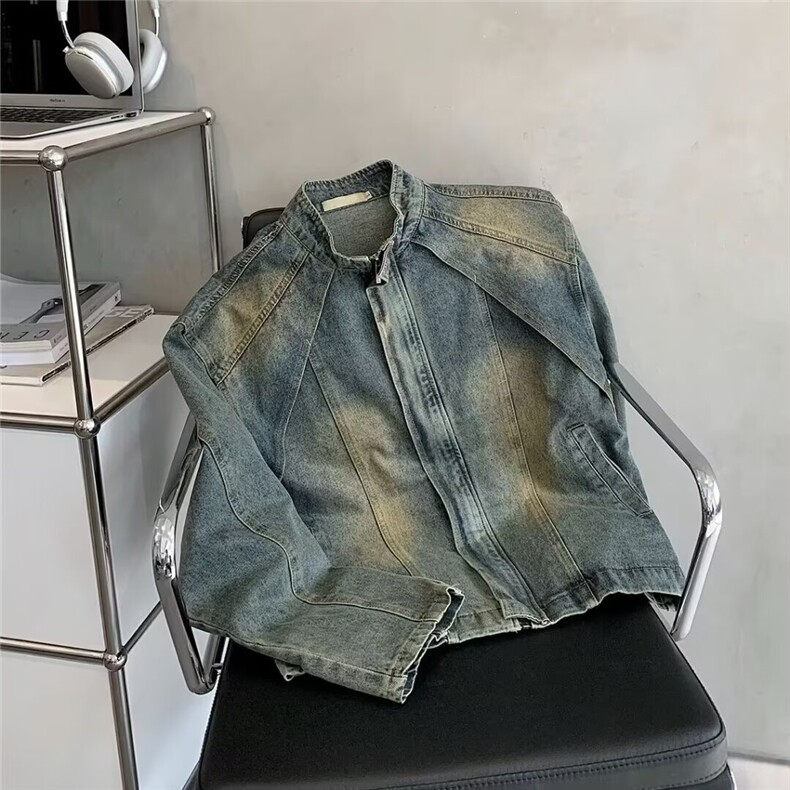 316-P67 2025秋装复古潮牌ins重工艺皱褶喷漆立领牛仔夹克外套图片