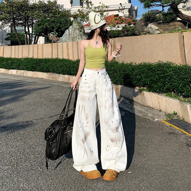 夏季涂鸦白色牛仔裤女士高个子加长版宽松阔腿弯刀裤子设计感小众,男装牛仔裤,星座506A