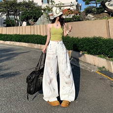 夏季涂鸦白色牛仔裤女士高个子加长版宽松阔腿弯刀裤子设计感小众，男装牛仔裤，星座506A