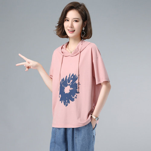 2023夏季新款简约时尚气质连帽宽松休闲舒适印花上衣，女装卫衣/绒衫，独衣靓