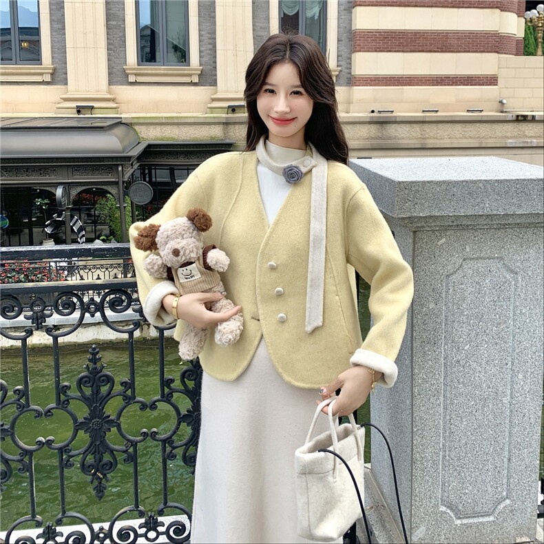 小香风2025秋冬新款V领飘带花朵双面羊绒大衣短款羊毛呢子外套潮，女装毛呢外套，慧尚依恋