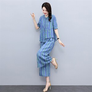 时髦洋气天丝牛仔套装女2025年夏装韩版条纹气质坠感阔腿裤两件套图片
