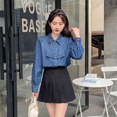 现货优雅气质宽松休闲衬衫蝴蝶结牛仔衬衣短外套，女装衬衫，心心服饰