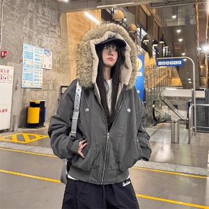 现货重磅boxy短款棉衣座山雕大毛毛领男女棉服水洗工装厚外套图片