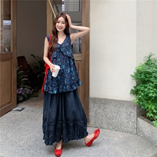 时尚减龄休闲风套装女2025夏季日系简约印花上衣木耳边阔腿裤套装，女装套装/套裙，2C166