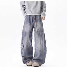 W11127-P55网图现货潮牌美式解构阔腿水洗牛仔裤复古宽松长裤，男装牛仔裤，星座1608