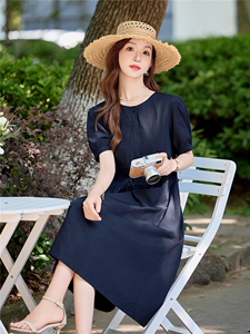 高级感藏青色气质纯棉连衣裙女2026夏新款小翻领收腰显瘦棉布裙子图片
