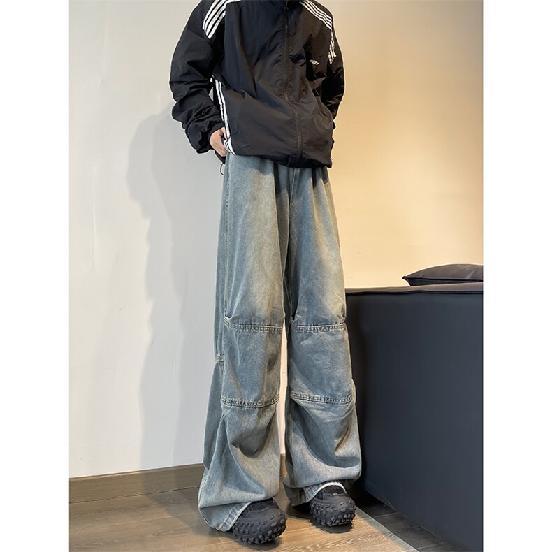 美式水洗做旧拼接阔腿牛仔裤男潮牌高街复古宽松直筒休闲拖地长裤，男装牛仔裤，星座410-6（原星座1304-1）