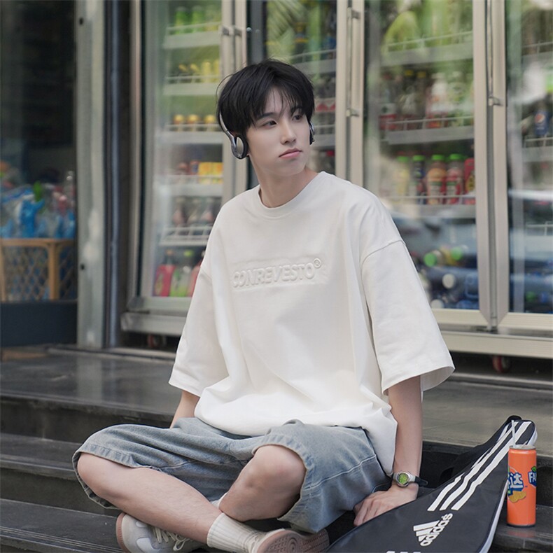 简约纯色宽松休闲T恤情侣上衣B225-T9355-P42-X55，男装T恤，电商B225