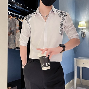男士夏季新款男士绣花七分袖衬衫男韩版修身衬衣301A-1/CS407/P55图片