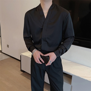新款缎面质感休闲百搭斯文无领长袖衬衫男痞帅潮V领衬衣CS851-P65图片