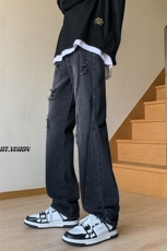 B221美式ins高街小众情侣款破洞微喇牛仔裤LK23001-P65控88，男装牛仔裤，电商B221