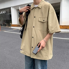 港风短袖衬衫男夏季潮牌痞帅气白色五分半袖上衣工装衬衣，男装衬衫，星座716-4