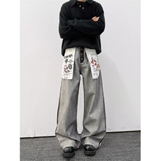 美式复古翻折设计感牛仔裤男宽松直筒刺绣字母高街裤子潮，男装牛仔裤，四季星座505