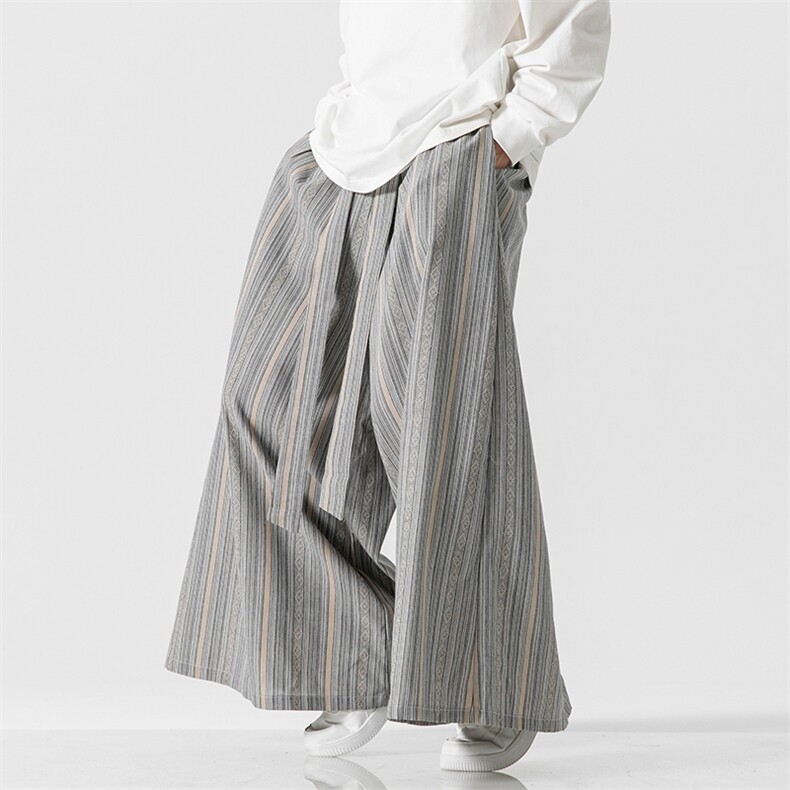 秋装大码风条纹阔腿裤民族风棉麻直筒休闲裤裙裤K241/P75，男装民族服装，电商A221A