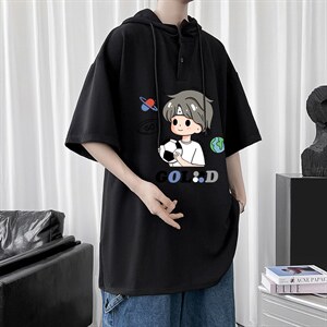 LD54207-P45 连帽短袖t恤男大码胖子带帽五分袖中袖图片