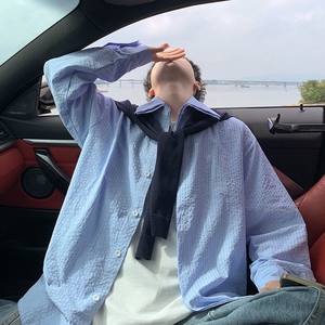 悟空有货简约可拆卸披肩褶皱肌理感条纹衬衫美式潮牌百搭休闲图片