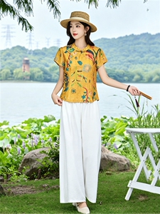现货！夏季套装2026新款松弛感新中式盘扣上衣服女两件套端庄大气图片