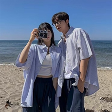 现货条纹短袖衬衫情侣休闲宽松薄外套竖条纹衬衣DC906-P45，男装T恤，星座716A-1（原星座815）