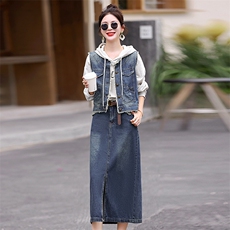 牛仔马甲套装女2025年新款春秋港风复古开叉一步裙子半身裙两件套，女装套装/套裙，意芙