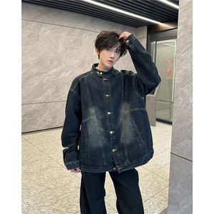 美式复古水洗做旧立领重磅牛仔外套男女春季街头宽松休闲夹克潮流图片