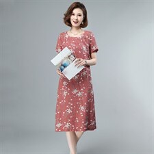 2021年夏季中长款通勤A字裙旗袍妈妈装连衣裙印花圆领套头裙子，女装连衣裙，伊满意