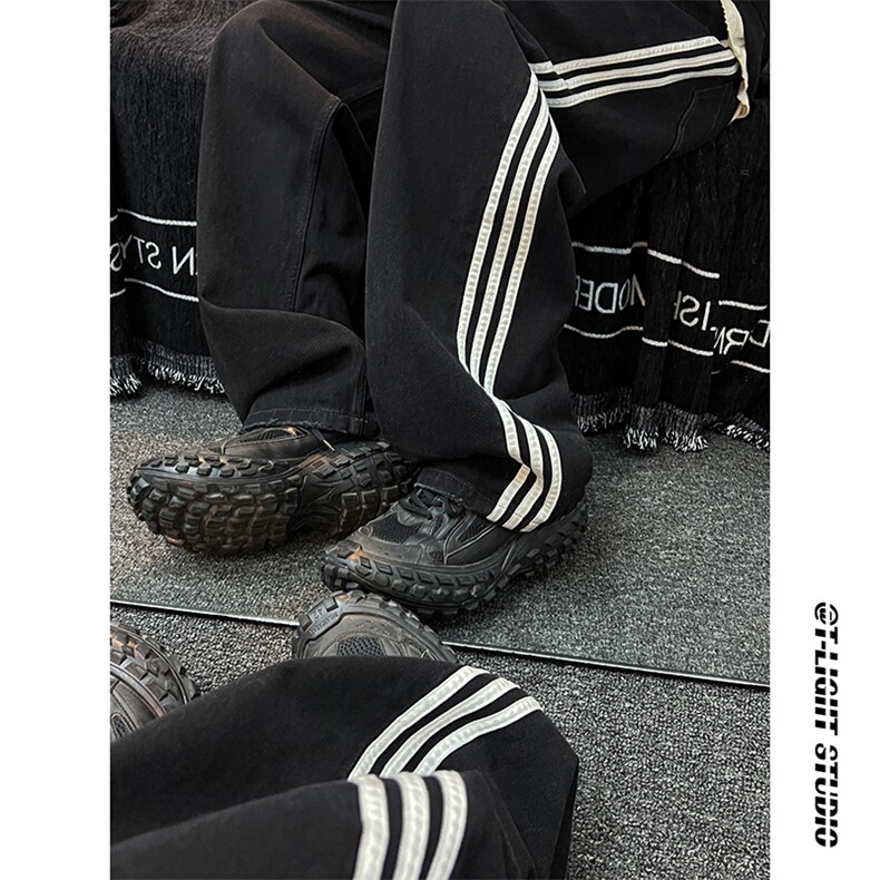 B221美式ins高街小众宽松三条杠运动牛仔裤LK23130-P60控78,男装牛仔裤,电商B221