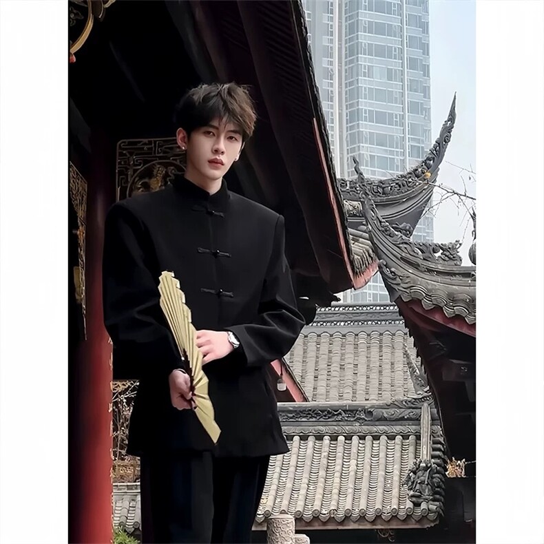 网图有货新中式风黑色立领盘扣西装外套男W29-P60，男装西服套装，星座1505