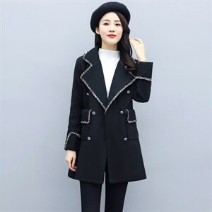 2020年秋冬修身黑色显瘦大毛呢外套女中长款韩版新款