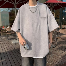 鹿皮绒五分袖港风口袋纯色青春流行男圆领夏季潮流T恤TX241P33，男装T恤，星座410-2