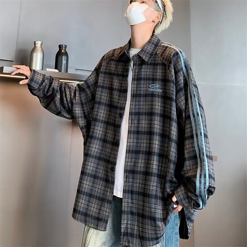 格子衬衫男士韩版潮流三条杠拼色宽松2025春季ins外套CY1029-P62图片