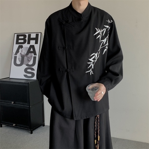 25新中式复古风立领衬衫男女唐装盘扣竹子刺绣宽松长袖汉服衬衫图片
