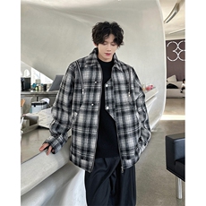 M885TP95毛呢格子外套男港风复古翻领休闲宽松秋冬廓形夹克上衣，男装夹克，电商A170