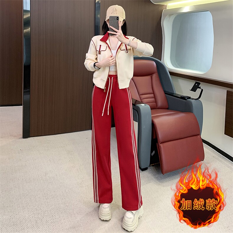 女冬季新款开衫卫衣红色阔腿裤两件套,女装套装/套裙,江南