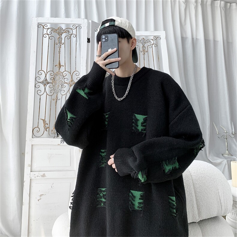 慵懒风破洞毛衣男生秋冬季美式潮牌撞色设计感小众圆领针织衫线衣图片