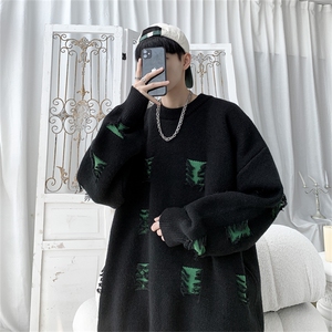 慵懒风破洞毛衣男生秋冬季美式潮牌撞色设计感小众圆领针织衫线衣图片