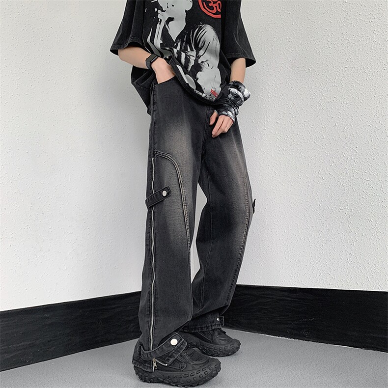美式高街搭扣拉链牛仔裤水洗痞帅开叉裤313A-1-NZ034-P65控78,男装牛仔裤,星座808A-1