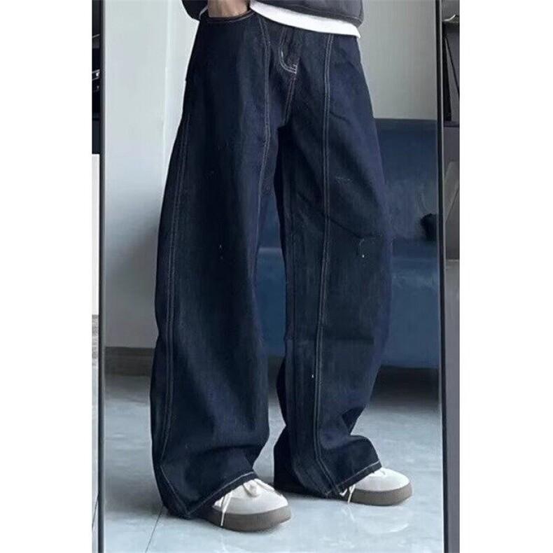 复古丹宁蓝阔腿弯刀牛仔裤男解构宽松直筒休闲长裤子潮牌 N6036图片